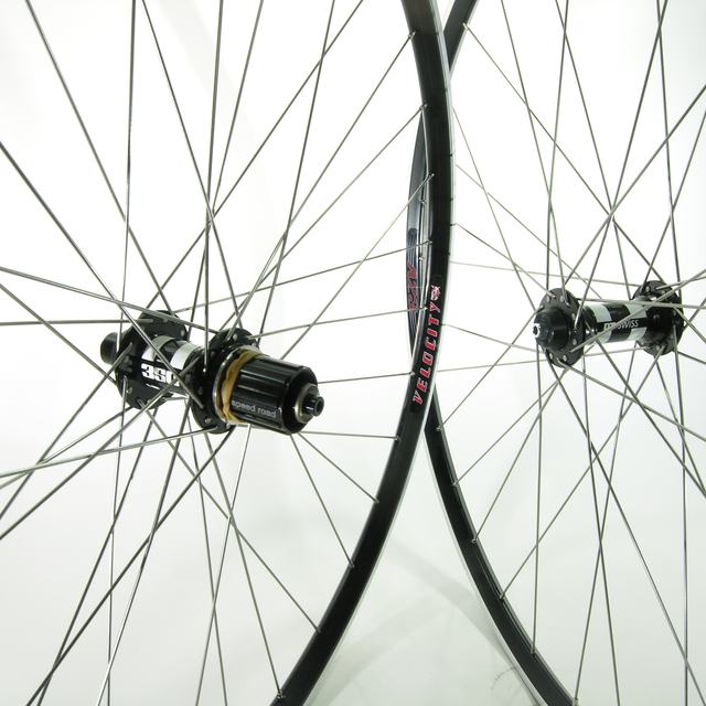 Custom wheel: DT 350 Black hubs, Velocity A23 MSW Black rims, Sapim Leader Silver spokes