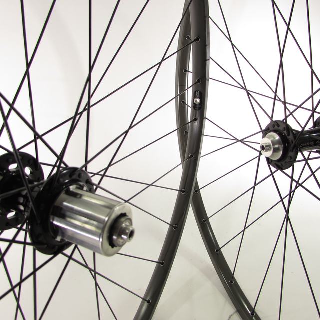 Custom wheel: Chris King R45 Black hubs, H Plus Son Tb14 Gray rims, Sapim Race Black spokes