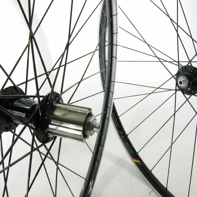 Custom wheel: Campagnolo Record Black hubs, HED Plus 25 rims, DT Competition Black spokes