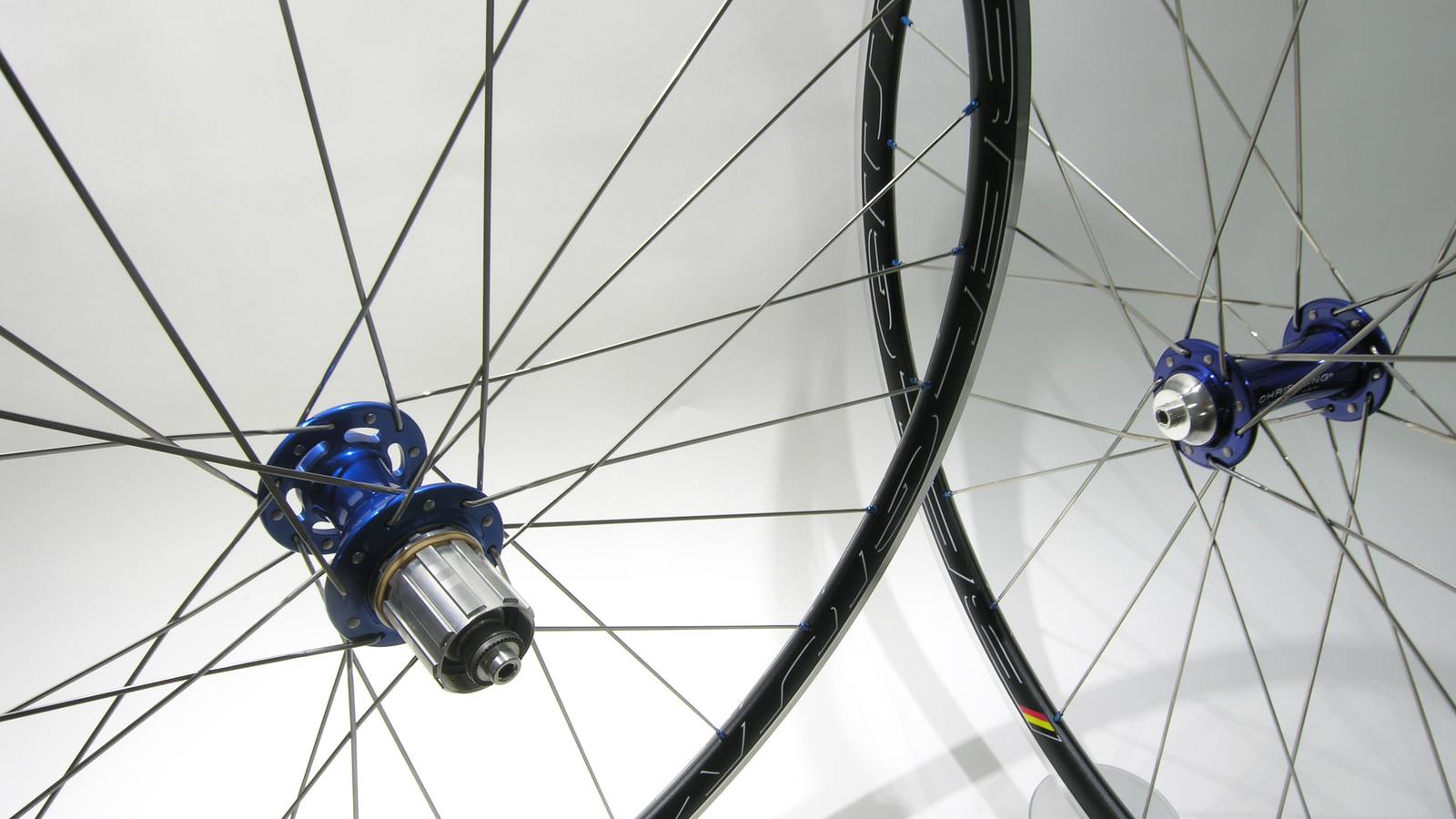 Custom wheel built by ProWheelBuilder: Chris King R45 Blue hubs, HED C2 Black rims
