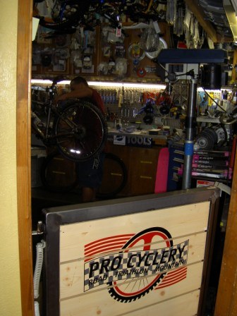 The Pro Cyclery sign at the shop entrance