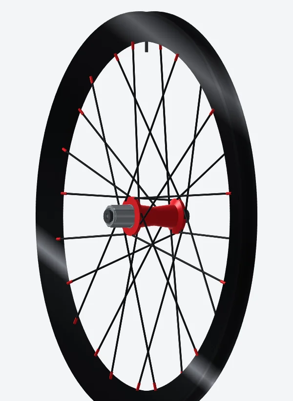 A 3D preview of a custom wheel with a black carbon rim, red hub and red nipples, drawn by the ProWheelBuilder wheel builder