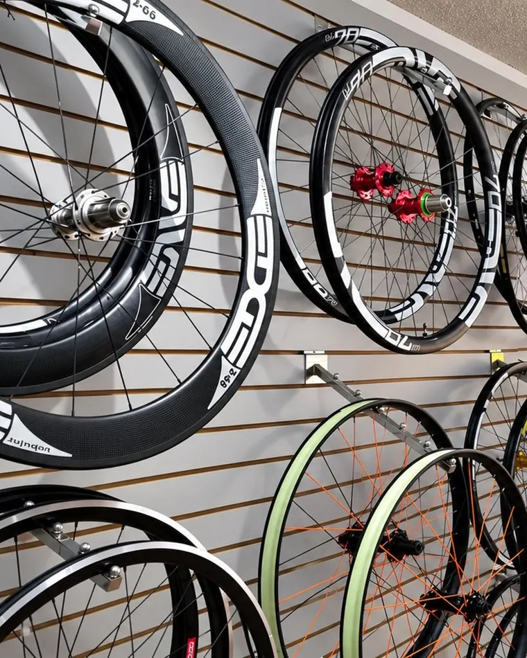 Finished hand built wheels hanging on the showroom wall