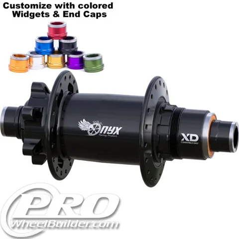 Onyx rear disc hub with a row of colored widgets and end caps
