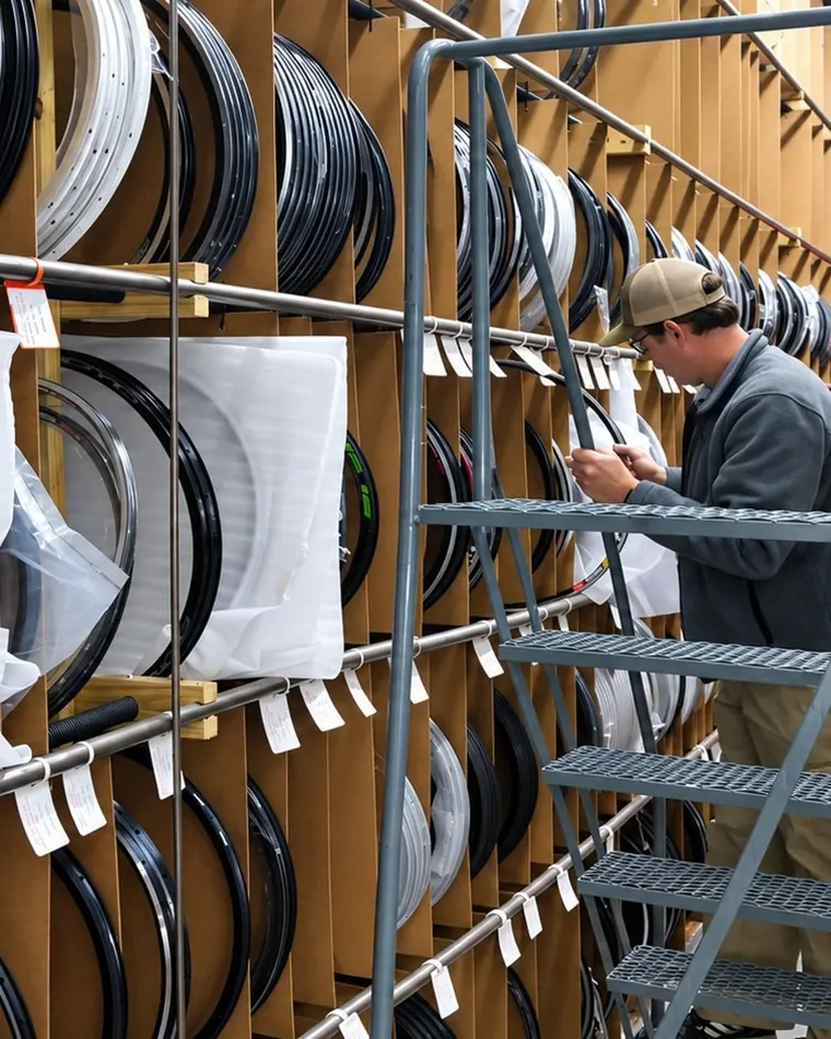 Rows of rims racked floor to ceiling in the ProWheelBuilder shop
